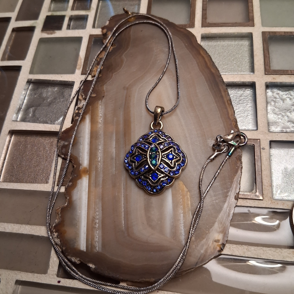 Blue and Teal Filigree Pendant Necklace on Silver Chain